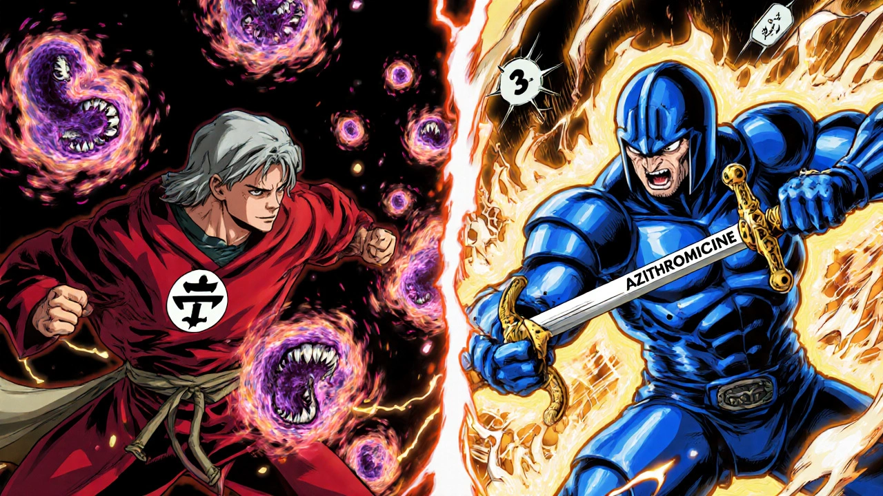 Clarithromycin and Azithromycin battling stomach bacteria in a stylized manga battle scene.