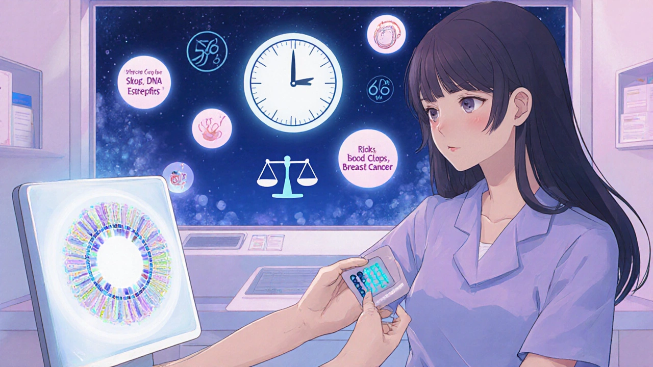 Doctor applying hormone patch as holographic DNA and health icons float nearby, symbolizing personalized therapy.