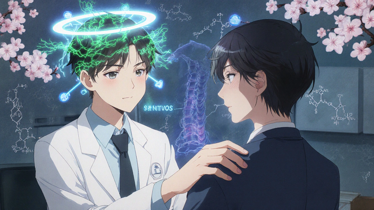 Doctor comforting patient as glowing neurons and statin molecules protect the spine.