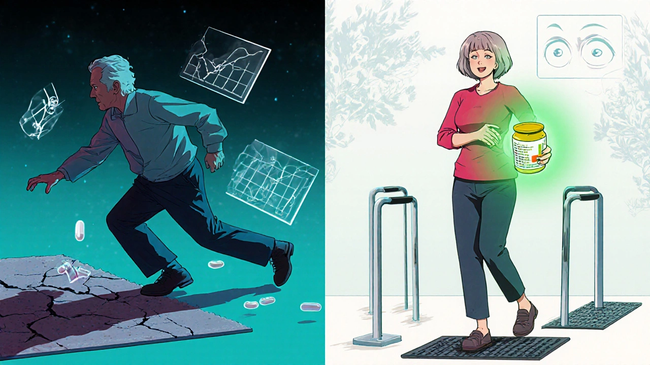 Elderly man falling near rug with cracked bone shadow, contrasting with woman walking safely near grab bars.