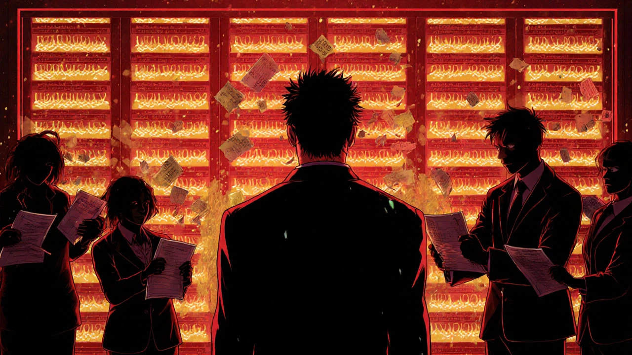 FDA inspector confronting staff amid crumbling paper records and glowing digital compliance systems in a high-tension scene.