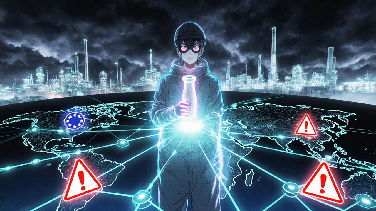 Global supply chain web with warning icons over one supplier, a quality engineer holding a protective vial at the center.