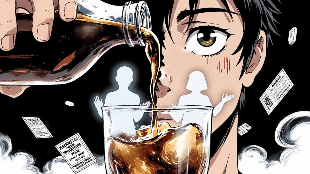 Hand pouring cough syrup into soda, ghostly figures above glass representing DXM hallucination plateaus.