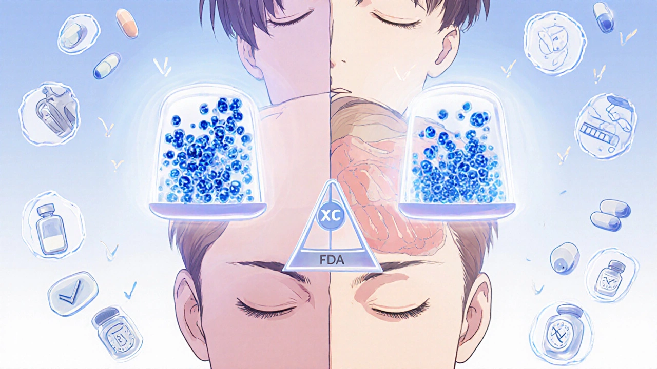 Internal body showing identical drug absorption from brand and generic pills.