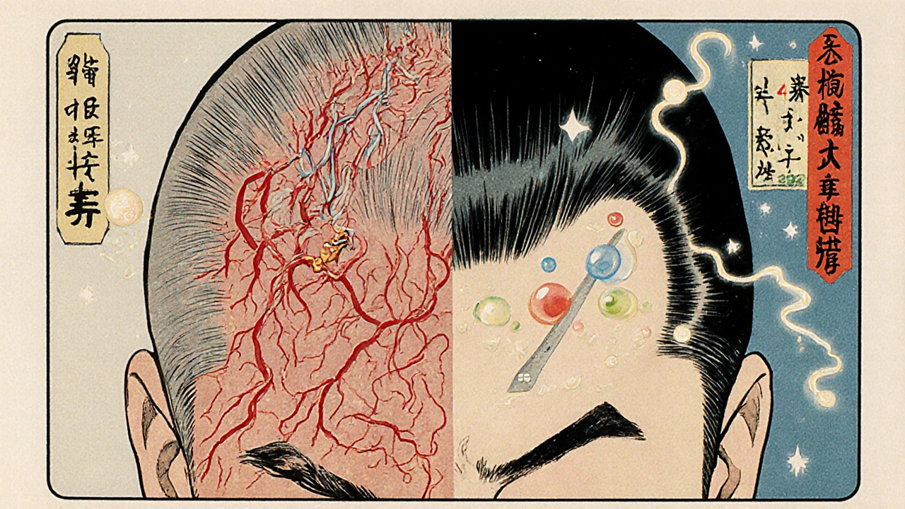 Microscopic view of hair follicles battling DHT with minoxidil and finasteride effects