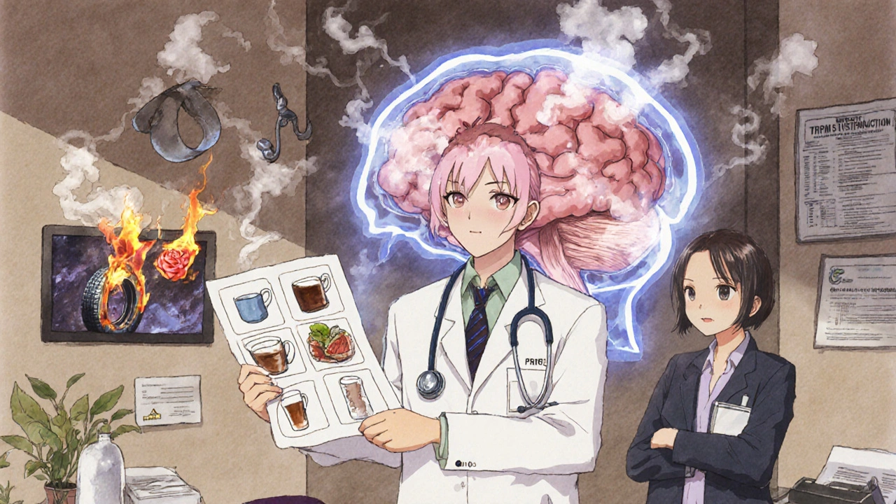 Patient in doctor&#039;s office with hallucinated smells projected over brain and medical charts.