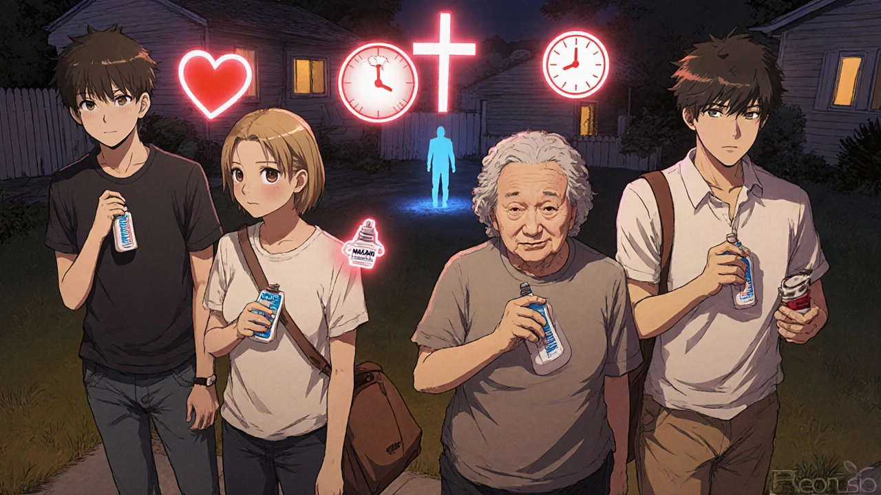 People from different ages carry naloxone sprays in their pockets, symbolizing community preparedness against opioid overdose.