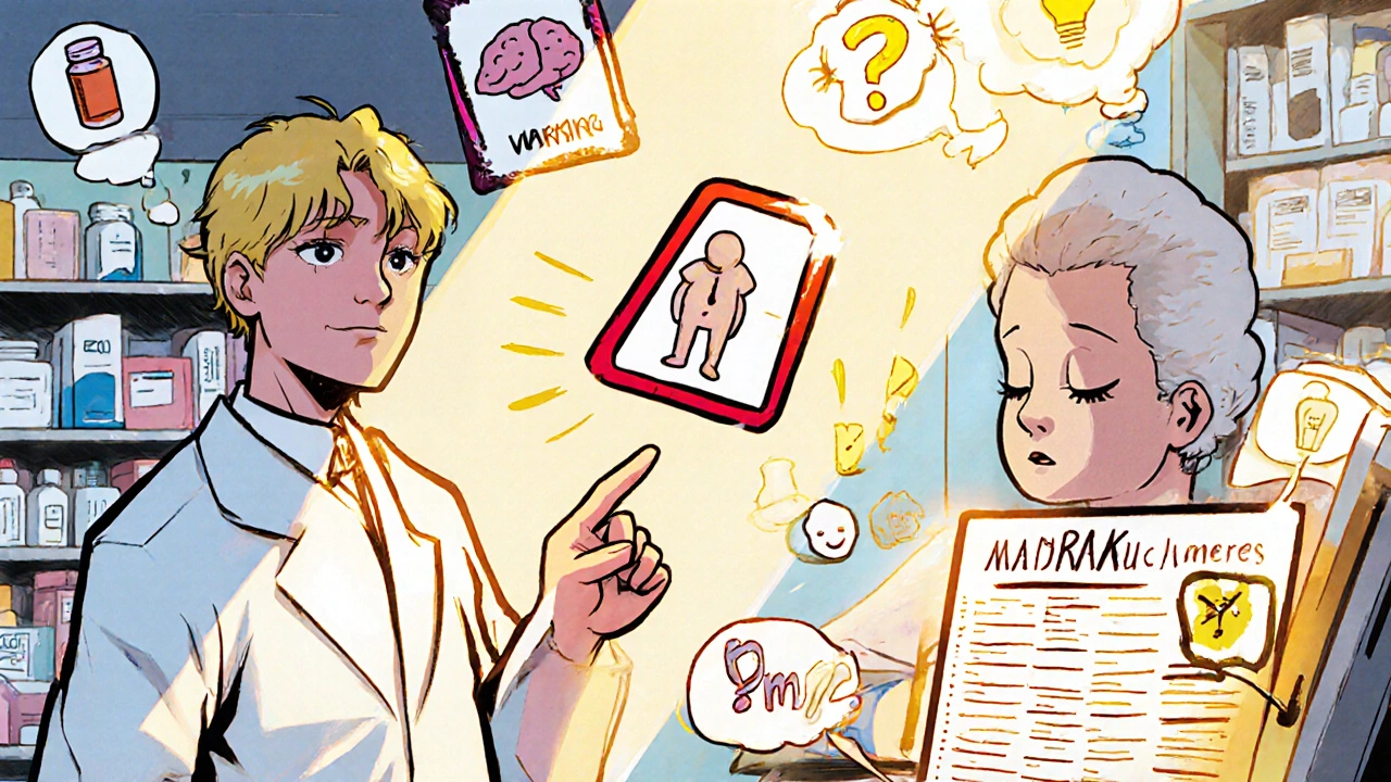 Pharmacist and patient surrounded by animated drug warning icons in a bright pharmacy setting.