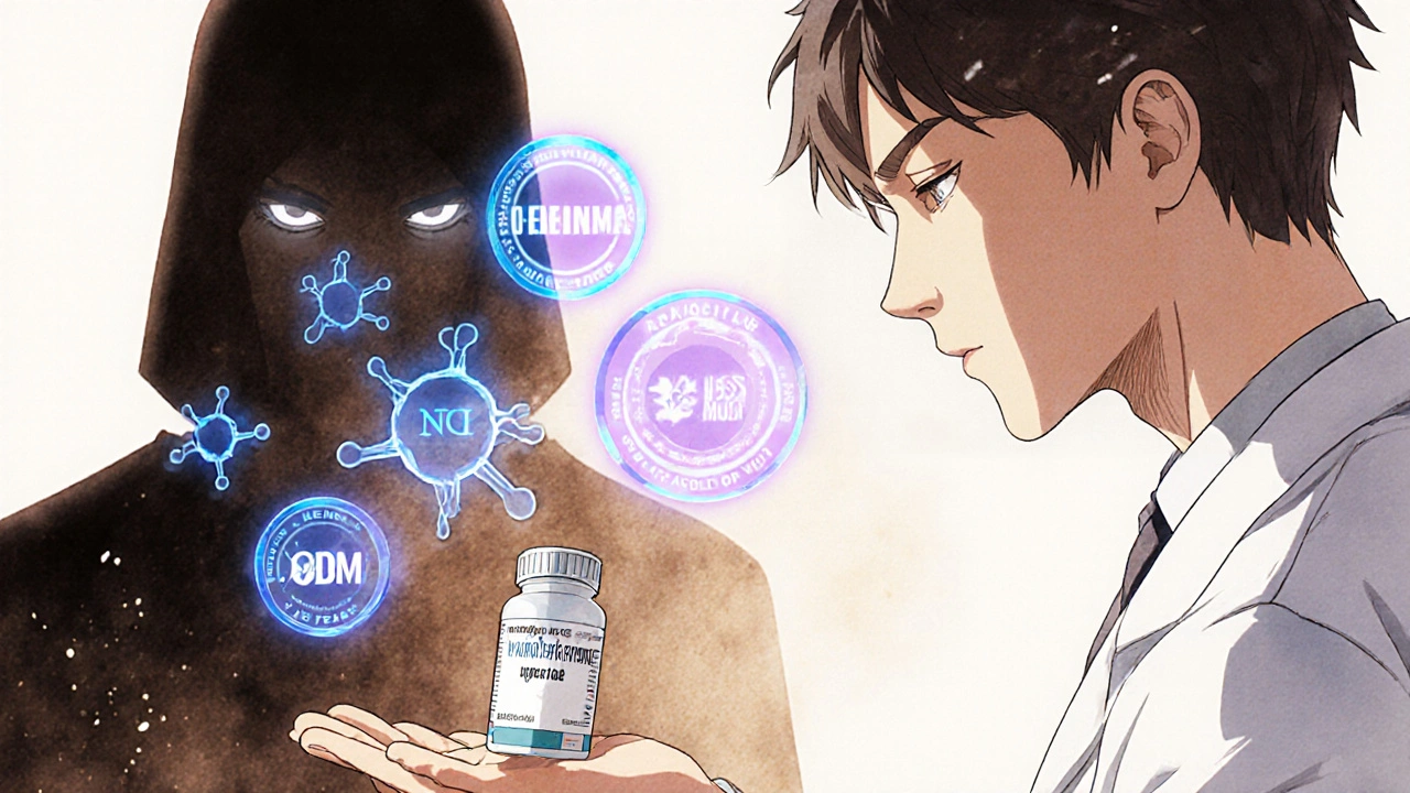 Pharmacist giving a generic NTI drug to a patient, with holographic drug molecules and approval seals.