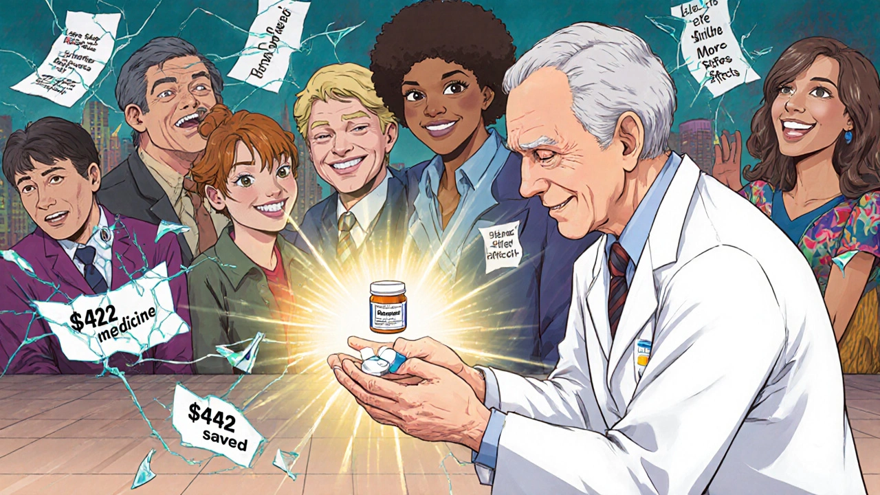 Pharmacist handing a generic pill to an elderly patient with trust aura and shattered myths.