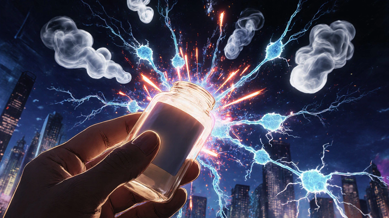 Pill releasing ghostly distorted smell molecules, broken neural pathways glowing red.