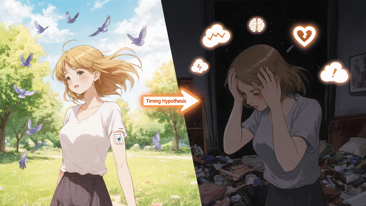 Split image: woman thriving in sunlight with hormone patch vs. struggling in dark bedroom with symptoms.