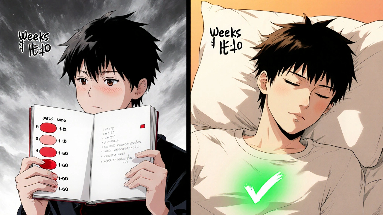 Split manga panel showing journal tracking symptoms transforming into peaceful sleep after side effect fades.