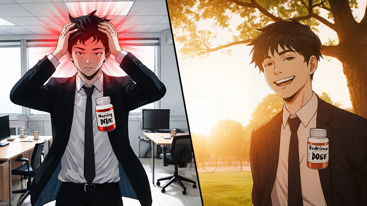 Split scene: dizziness from morning pill vs. calm day after nighttime dose.