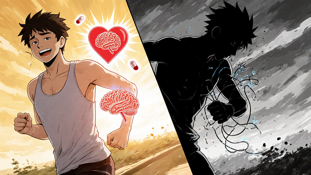 Split scene: healthy person with statins vs. shadowy figure with unraveling muscles.