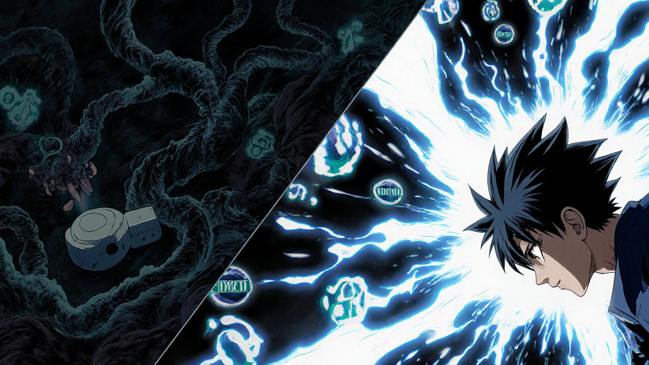 Split scene showing antibiotic resistance growing versus bacteria being destroyed by proper dosing.