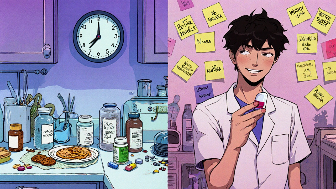Split scene showing chaotic medication routine transformed into simple, supported routine with pharmacist.