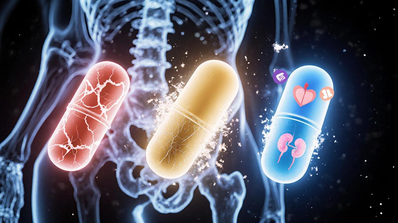 Three pills floating with different auras: red for fracture risk, gold and blue for bone-safe options.