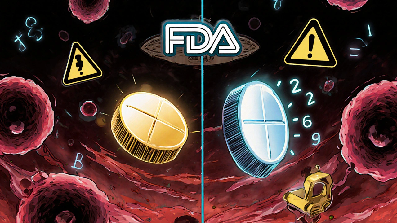 Two pills in a bloodstream, one steady and golden, the other fluctuating, with FDA emblem above.
