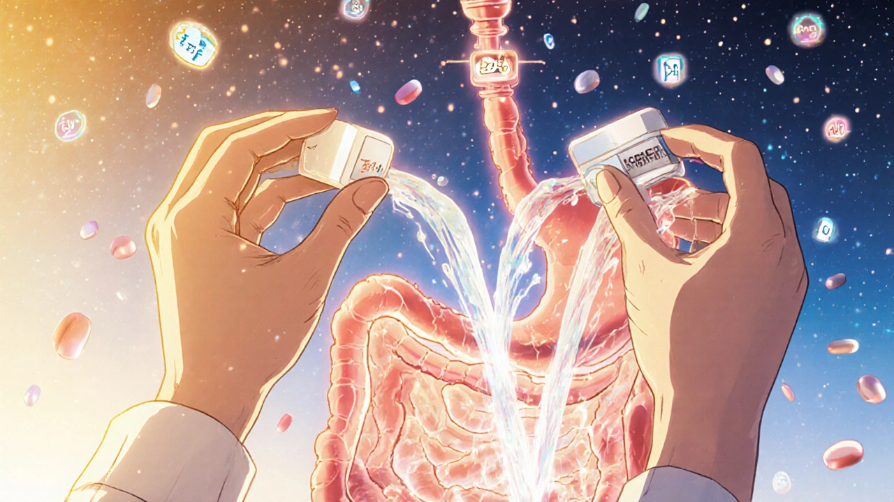 Two pills transforming into synchronized rivers of light flowing through a digestive tract, monitored by regulatory icons.