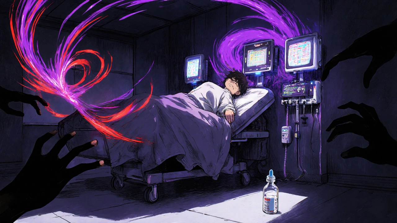 Young person unconscious in hospital ER, swirling energy waves and empty syrup bottle on floor.