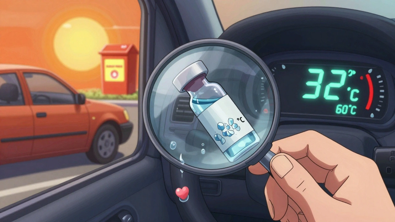 A close-up of insulin degrading under heat, with a thermometer showing dangerous temperatures.