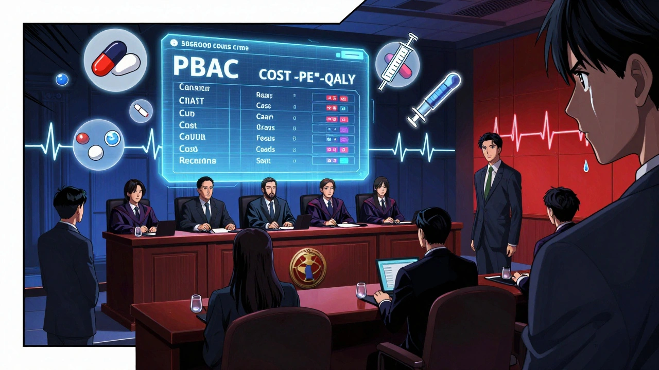 A dramatic tribunal scene where the PBAC evaluates a new cancer drug using holographic cost data, with a worried drug executive and a crying patient in the background.