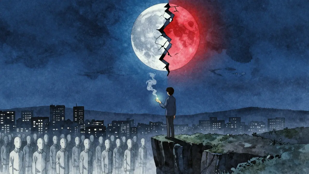 A figure on a cliff holding a pill, ash drifting away, fractured moon above, city below in the night.