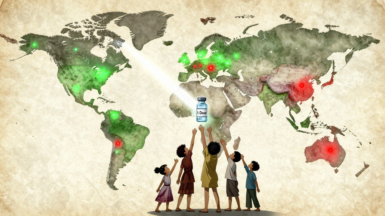 A glowing single-dose vaccine beam connecting countries on a stylized global map.