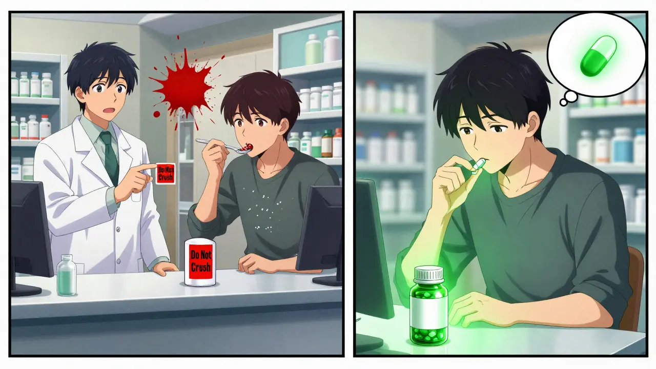 A patient crushes a pill on one side, while safely swallowing it whole on the other, shown in manga split-panel style.