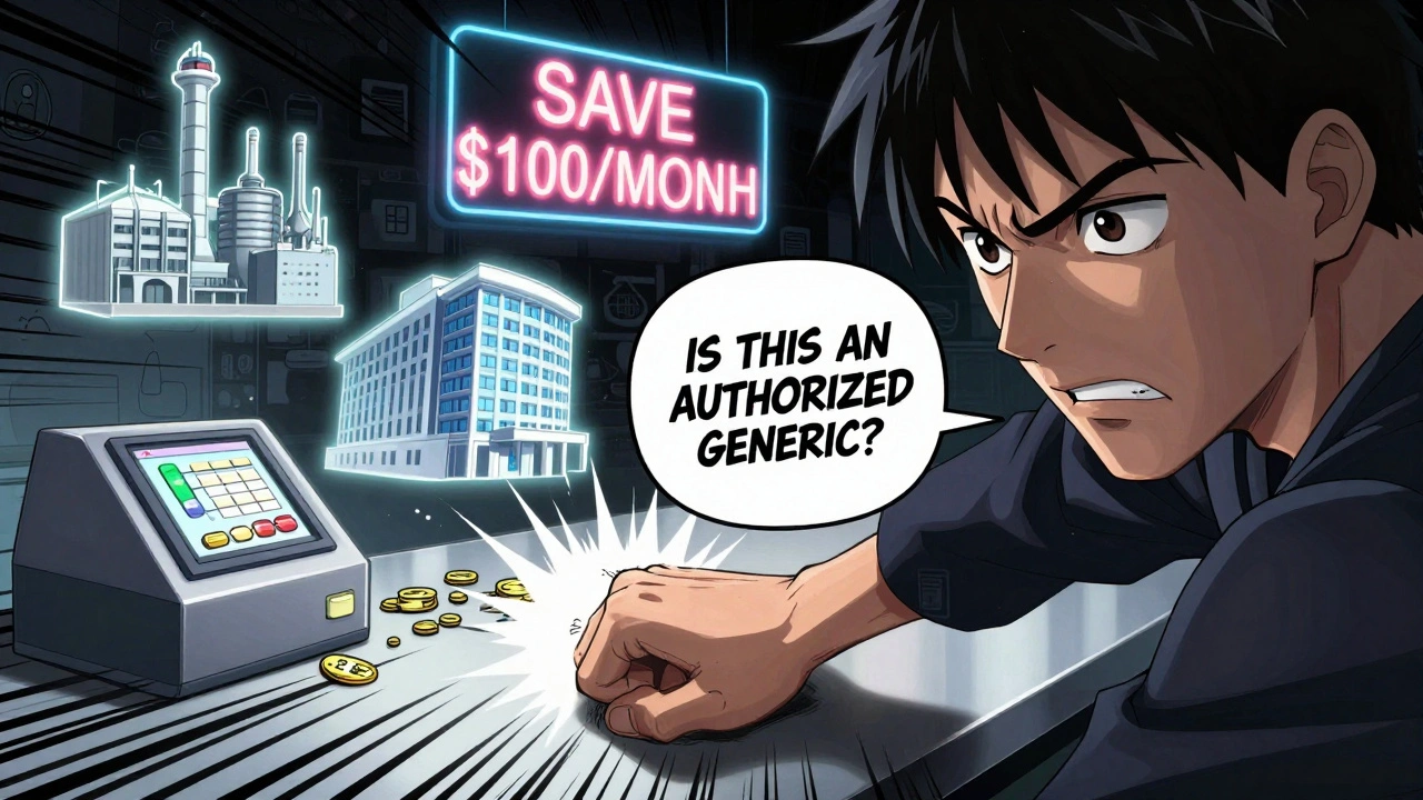 A person demanding to know if their medication is an authorized generic, with floating images of drug companies and savings.