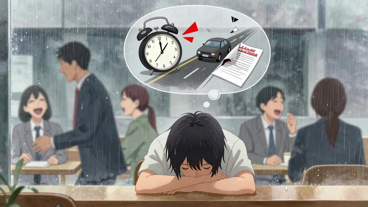 A person in a café, isolated while others move quickly, with thought bubbles showing car accidents and lost jobs.