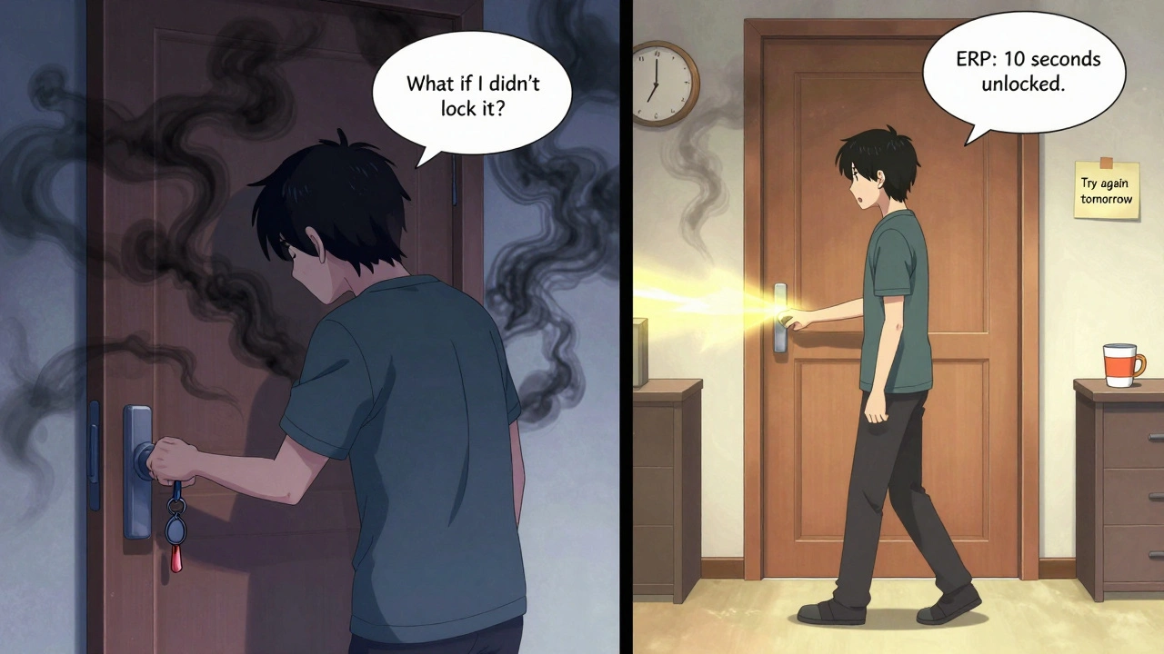 A person with OCD choosing to leave a door unlocked, symbolizing progress through exposure therapy.