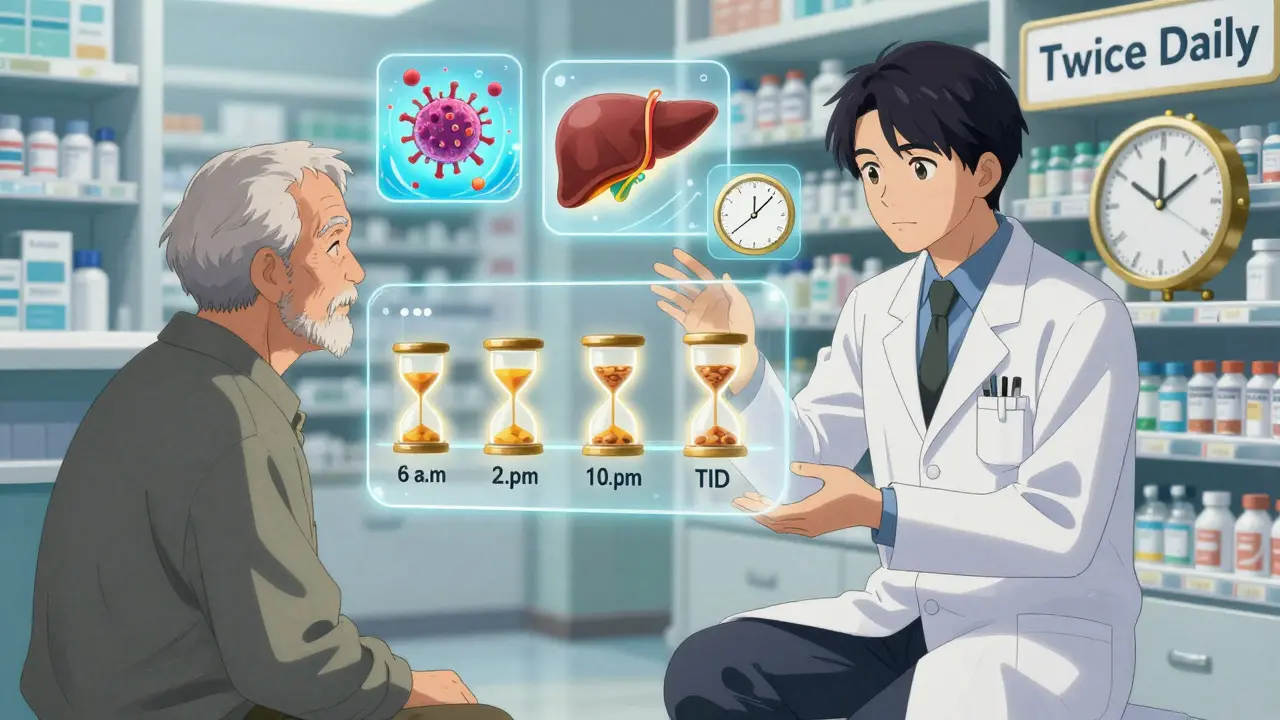 A pharmacist and elderly patient reviewing a glowing timeline of medication doses with a clock and bacteria icon.