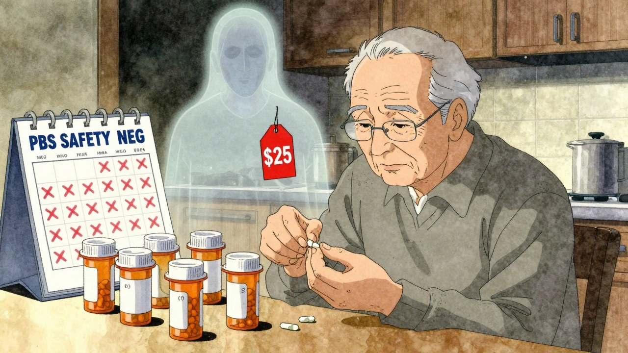 A retiree at home surrounded by empty pill bottles, with a faint glowing safety net above them, symbolizing unclaimed financial relief under the PBS.