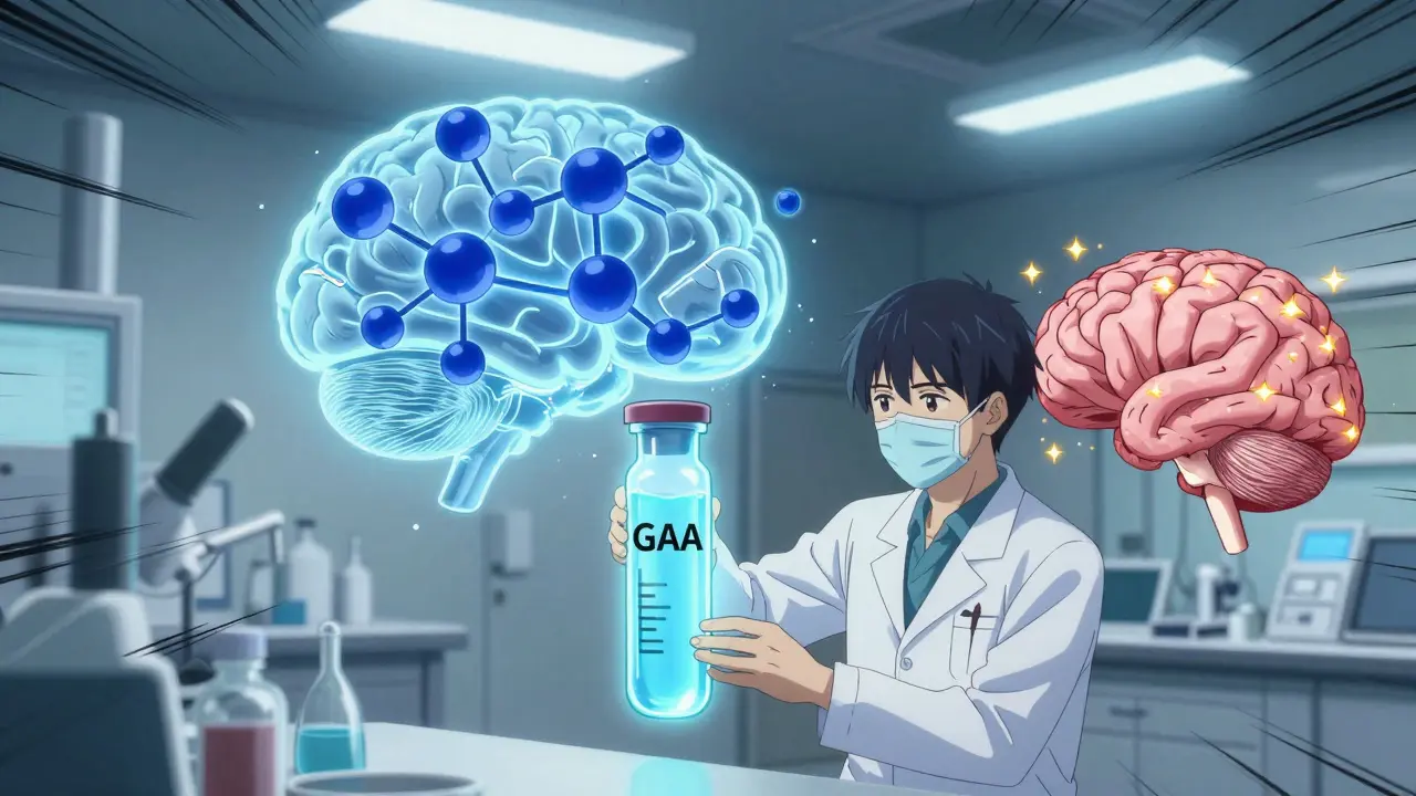 A scientist holding a vial of spinal fluid with glowing GABA molecules overwhelming a brain diagram.