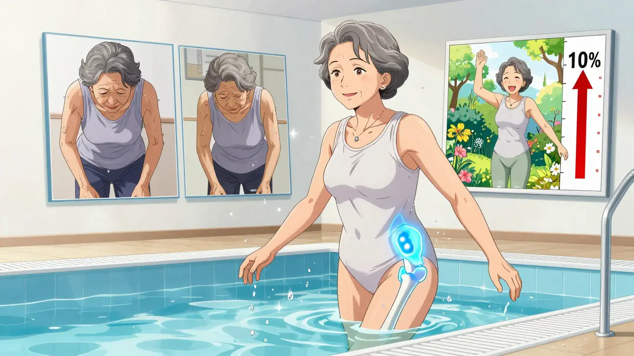 A woman smiling after swimming, hip joint glowing blue, floating before-and-after scenes of improved mobility.