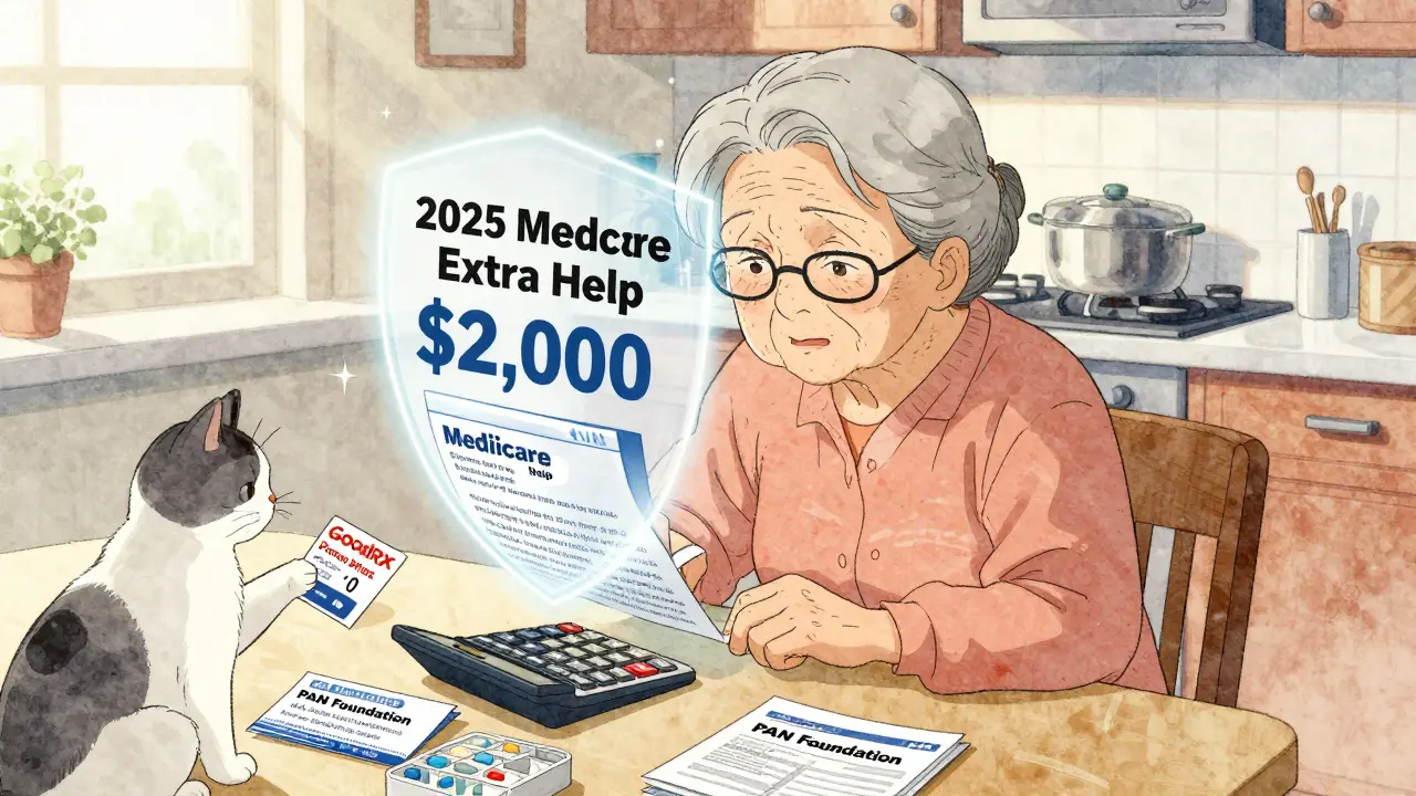 An elderly woman at home with Medicare documents and a pill organizer, glowing with hope under morning light.