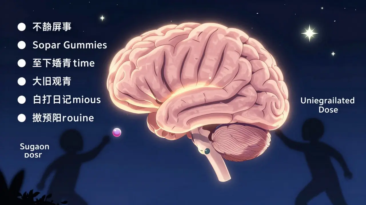 Brain with melatonin molecule surrounded by sleep hygiene symbols