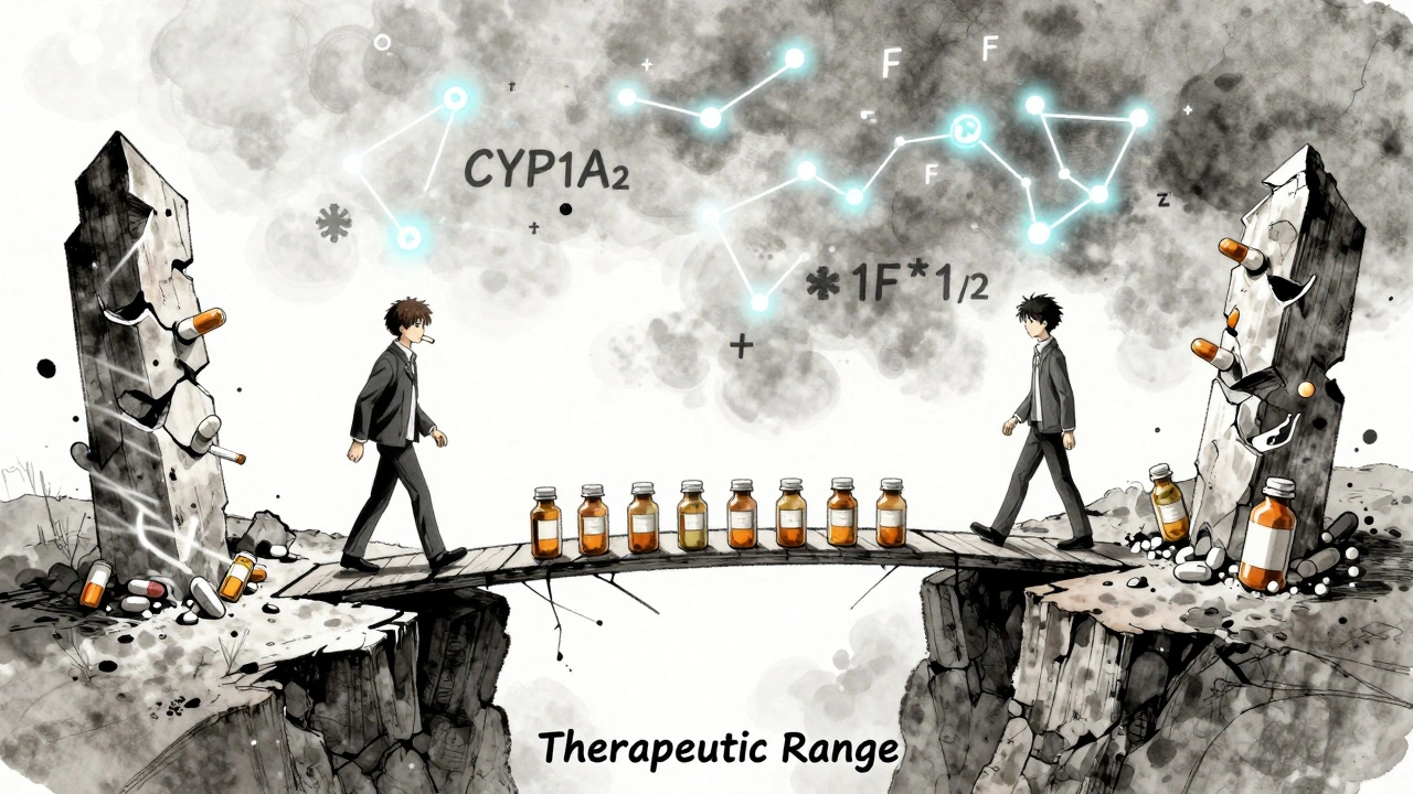 Bridge of pill bottles over therapeutic range, smoker on cracking side, genetic symbols glowing above.