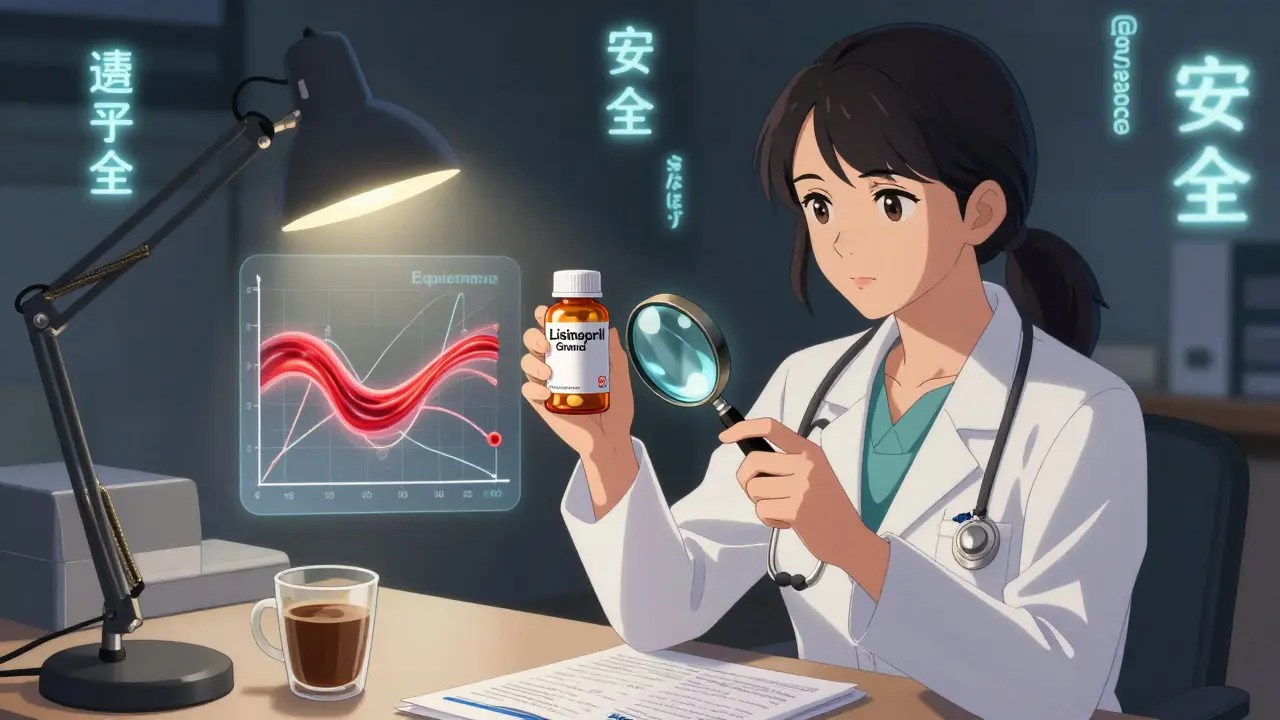 Cardiologist comparing brand and generic pills with bioequivalence graphs glowing beside them.