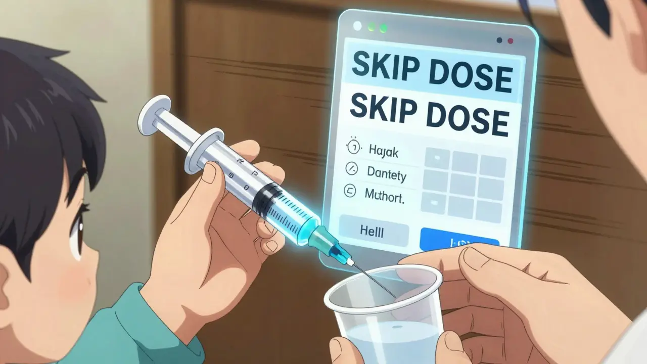 Child's hand using an oral syringe to measure liquid medicine, guided by a pharmacist.