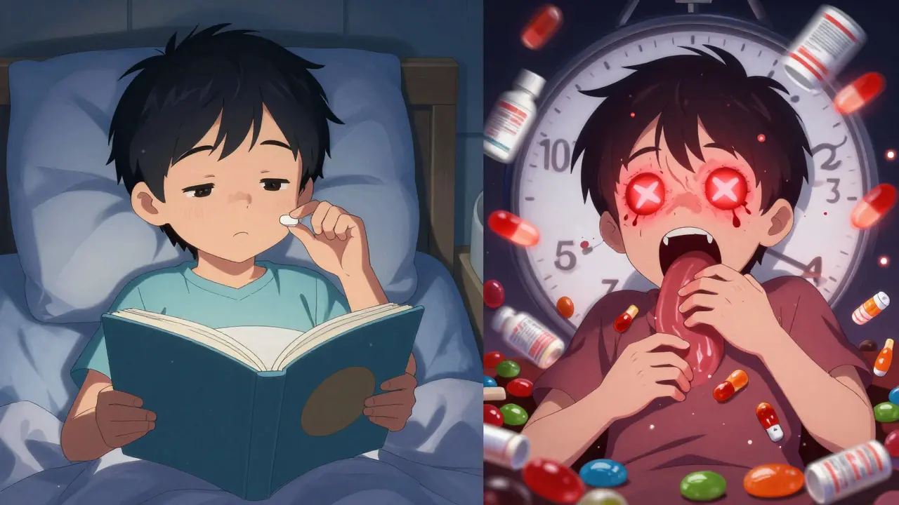 Child taking melatonin peacefully vs. chaotic overdose scene