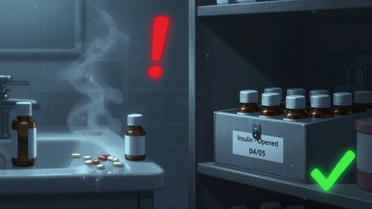 Contrasting bathroom and closet storage: one damp and dangerous, the other cool and organized for medication safety.