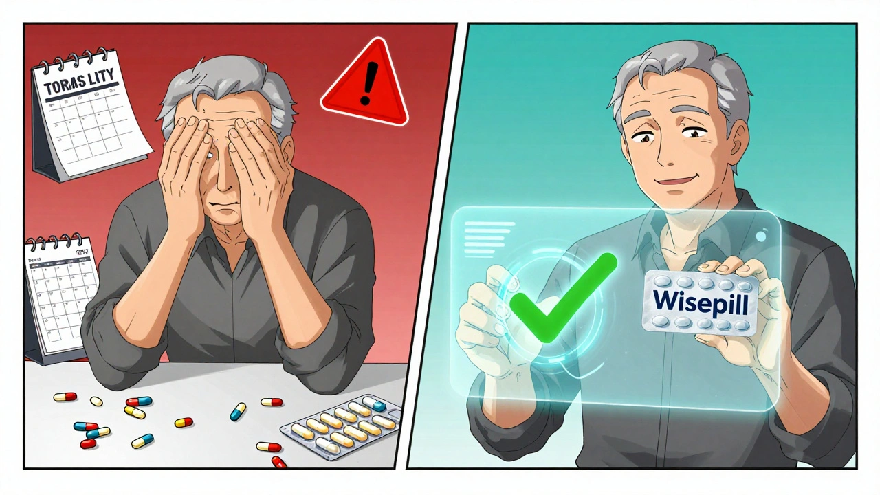 Contrasting scenes: a confused patient surrounded by pills vs. the same person calmly using a glowing blister pack.