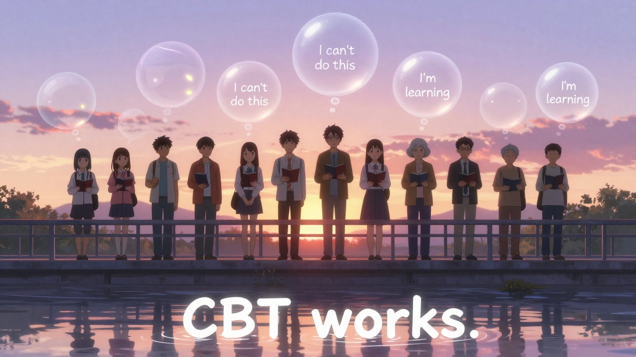 Diverse individuals holding thought journals as their negative thoughts transform into positive ones at sunset.