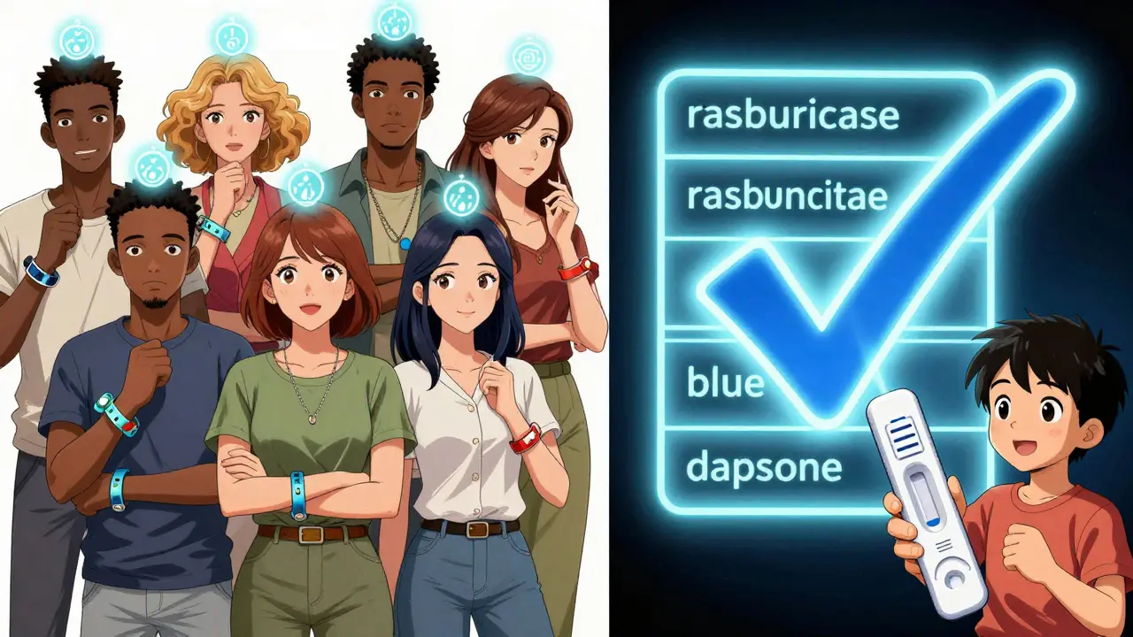 Diverse people with medical bracelets, dangerous drugs being erased, child holding G6PD test device.