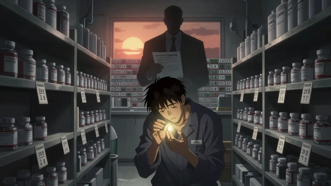 Factory worker holding glowing generic pill amid empty shelves and corporate shadow.