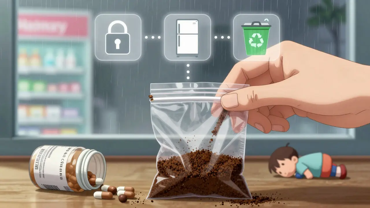 Hand mixing expired pills with coffee grounds for safe disposal, surrounded by labeled bottles and a pharmacy in the distance.