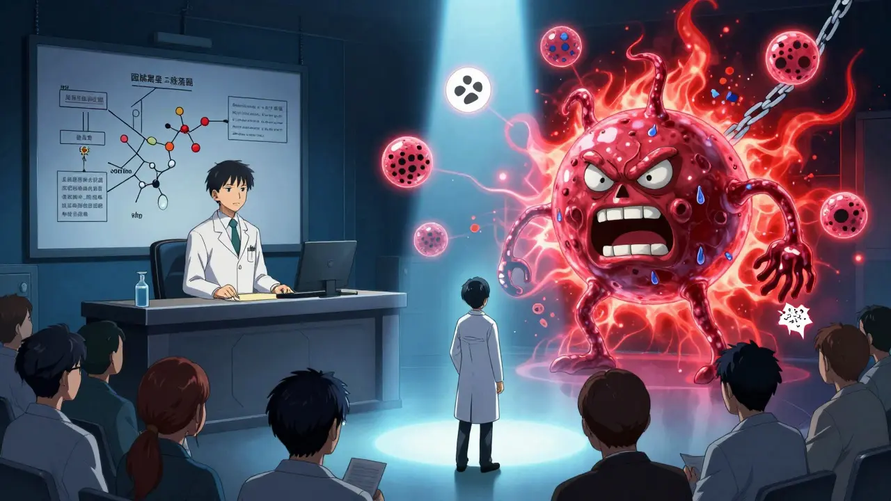 Inside human body courtroom with allergist presenting evidence on drug reactions